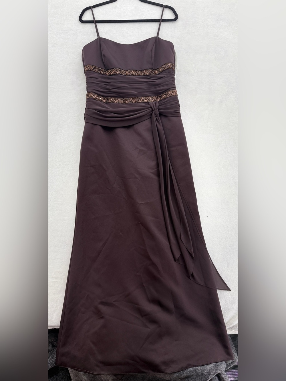 David’s Bridal Brown Chocolate Bridesmaids Dress Size 14 Ruching Bead Sequins